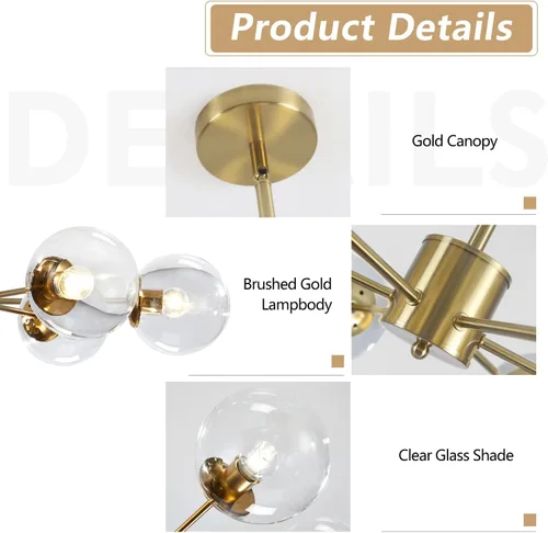 Miniatura 3 de KCO Lighting Modern - Lámpara de araña Sputnik de 6 luces con globo de vidrio transparente, lámpara colgante de techo ajustable de mediados de 6