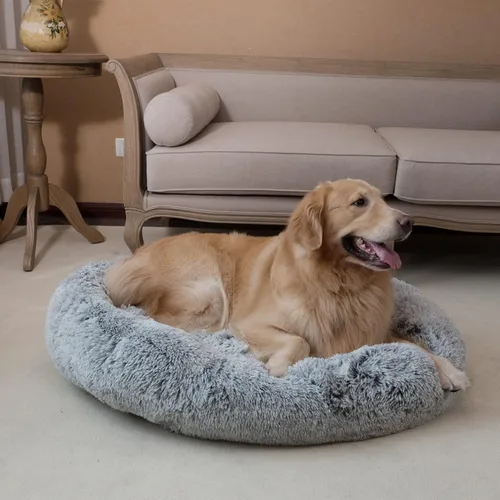 Miniatura 5 de Coohom Cama Ovalada Calmante Tipo Dona Abrazadora para Perros, Cama de Pelo Sintético Afelpado para Gatos Lavable Almohada Redonda para Mascotas Gris