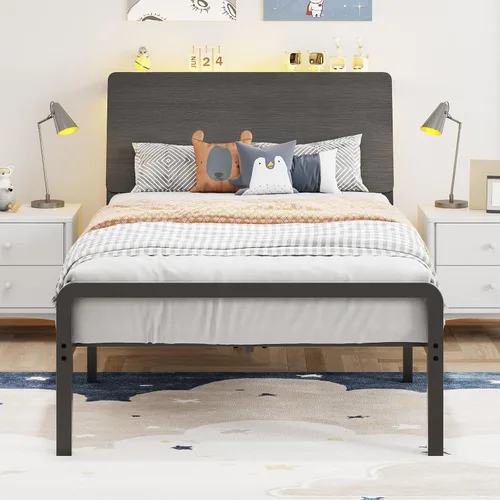 MaverickFurni Base de cama individual con cabecera de almacenamiento, marco de cama de plataforma de metal con luces LED, diseño ergonómico,