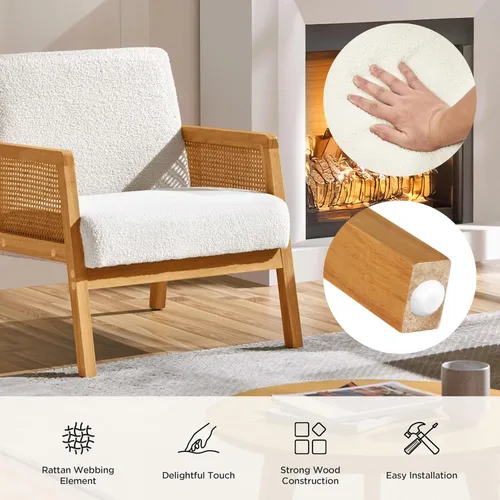 Miniatura 8 de Yaheetech Silla decorativa, sillón moderno de ratán, cómoda silla de lino con patas de madera para sala de estar, dormitorio, sala de lectura, Beige