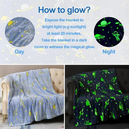 Miniatura 5 de Manta que brilla en la oscuridad con diseño espacial, regalos para niños - Manta de felpa suave con diseño de astronauta, cohete, planeta y estrella