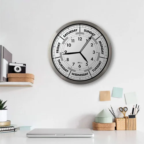Miniatura 8 de Reloj de pared de hora y día de la semana con marco de aluminio moderno de 12 pulgadas, regalo de jubilación ideal para hombres y mujeres, reloj