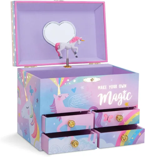 Jewelkeeper Cotton Candy Unicorn - Caja de almacenamiento musical grande para joyas con 4 cajones extraíbles, joyero musical para niña, hermoso tono