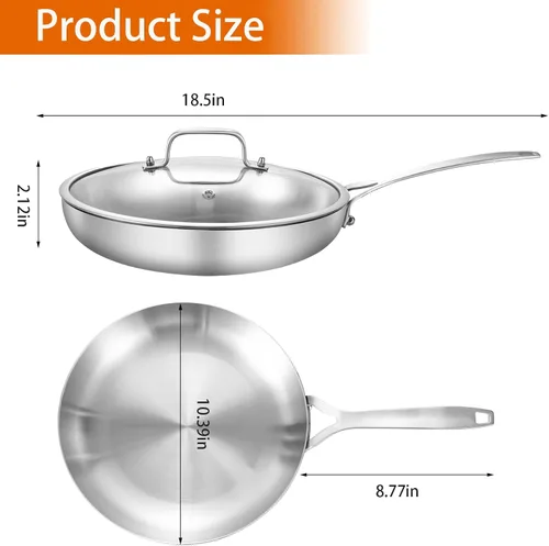 Miniatura 3 de DELARLO Sartén de Acero Inoxidable Tri-Capa de 10 pulgadas con tapa, Sartén de Freír de Acero Inoxidable para Inducción con Tapa, Sartén Apta