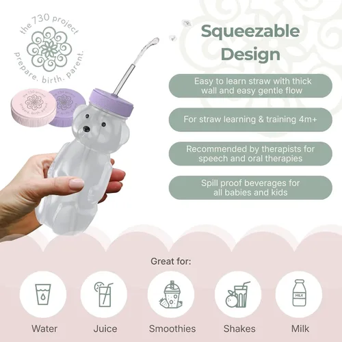 Miniatura 5 de The 730 Project Oso de Miel Taza con Pajita para Bebés, Taza Oso de Miel de 8 oz con Cepillo para Botella, Pack de 2 Tazas de Terapia de Aprendizaje