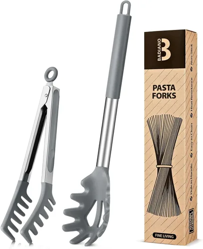 Miniatura 7 de Cuchara de silicona para espaguetis y pinza para pasta, mango de acero inoxidable antiadherente, juego de tenedores para pasta con dientes, clip Azul