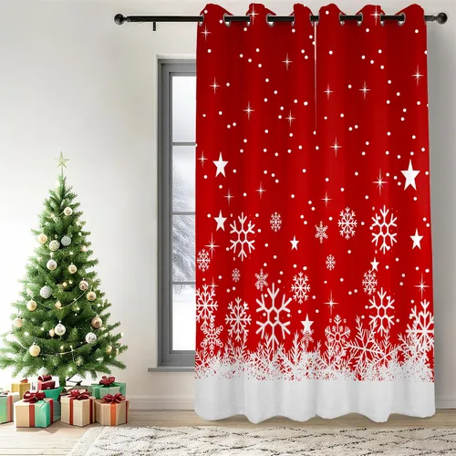 Miniatura 14 de Renaiss Cortinas opacas de Navidad con tablones de madera rústica para dormitorio, con ojales, estampado de copos de nieve navideños, cortinas