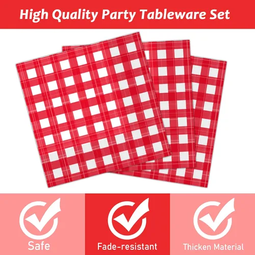 Miniatura 3 de Tevxj 96 PCS Platos de Fiesta de Pícnic Rojos y Blancos de Cuadros Vichy Vajilla de Fiesta Barbacoa Platos de Papel Desechables Servilletas