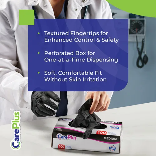 Miniatura 3 de CARE PLUS Guantes de nitrilo para uso médico, sin polvo ni látex, negro/azul, S, M, L, XL - 100, 200, 1000