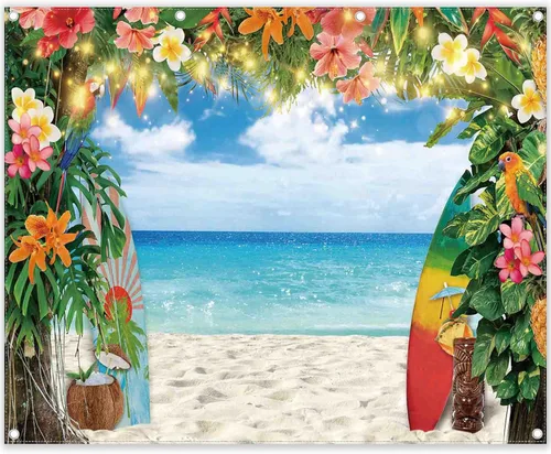Telón de fondo de tela de 10 x 8 pies para fotografía de playa hawaiana de verano, flores tropicales, hojas de palma, fondo de tabla de surf,