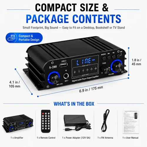 Miniatura 7 de Romicta Amplificador estéreo Bluetooth 5.0 de 4 canales, amplificador de potencia HiFi de 50 Wx4, 1200 W máximo, USB/SD/FM, receptor de audio