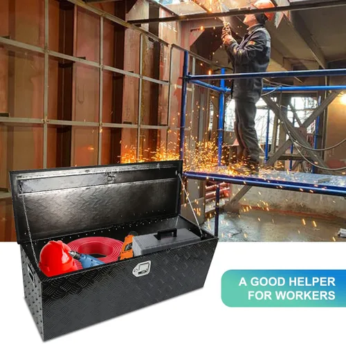 Miniatura 7 de Caja de herramientas de aluminio negro de 44 x 15 x 15 pulgadas con cerradura y llaves, cama de recogida resistente, 5 barras de almacenamiento