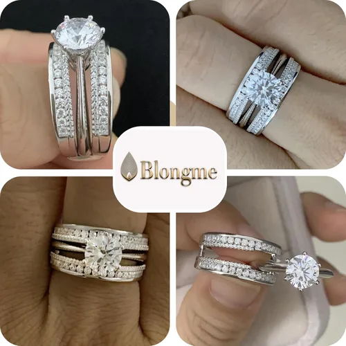 Miniatura 2 de Blongme Juegos de anillos de boda de catedral y clásicos para mujeres, plata esterlina 925, conjunto de anillos nupciales realzador, circonita
