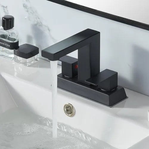 Miniatura 3 de KINGO HOME Grifo central de baño negro de 2 asas, grifo de lavabo de baño negro mate de 4 pulgadas, grifos de tocador modernos para fregadero, grifo