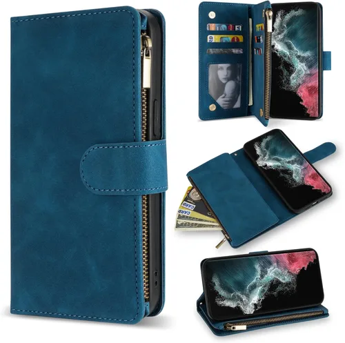 Miniatura 21 de ZZXX Funda para Samsung Galaxy S22 Plus con ranura para tarjeta, piel sintética suave de alta calidad, con cremallera, con correa para la muñeca