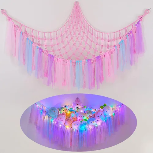 Miniatura 16 de FIOBEE Red de Animales de Peluche o Hamaca con Luz LED, Hamaca de Juguetes Colgante Organizador de Almacenamiento Soporte para Animales de Peluche