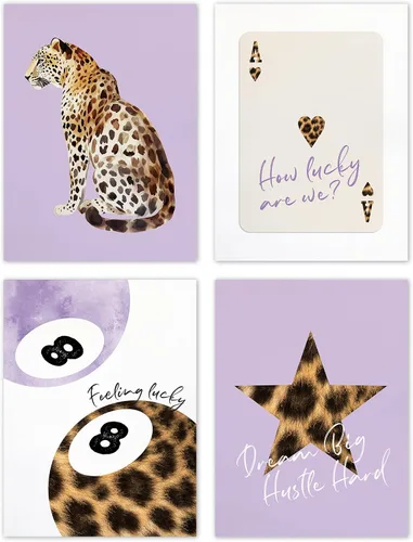 TLESKE Juego de 4 pósteres de leopardo de guepardo sin marco de 12 x 16 pulgadas, color morado oscuro, 8 bolas de la suerte, decoración para púrpura