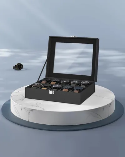 Miniatura 7 de SONGMICS Caja de reloj, caja de reloj de 10 ranuras con tapa de vidrio grande, almohadas extraíbles para reloj, organizador de caja de reloj, regalo