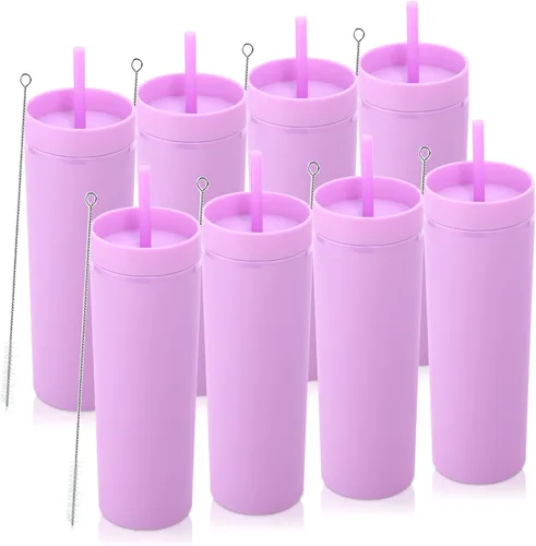 Miniatura 14 de Volhoply Paquete a granel de 4 vasos delgados de plástico de 20 onzas, vaso de doble pared con tapa y popote, taza reutilizable de viaje para café