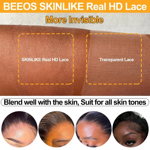 Miniatura 3 de BEEOS Encaje frontal real HD de 13 x 4 pulgadas, encaje frontal ultra fino invisible HD vívido limpio pre-arrancado cabello humano lacio sedoso