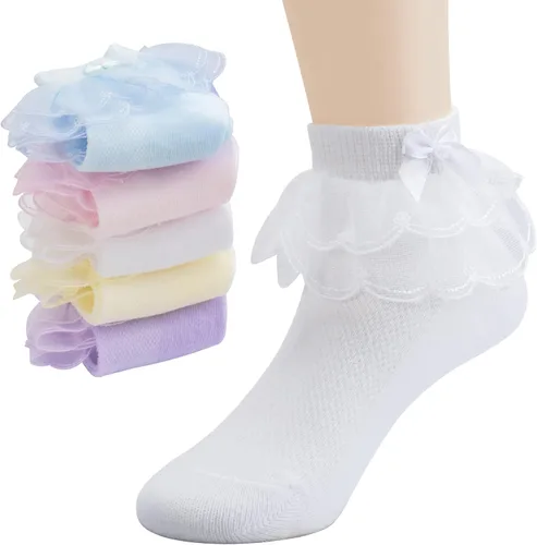 Miniatura 12 de Looching Calcetines de encaje con volantes para niñas pequeñas, de algodón, con volantes, con lazo, paquete de 5