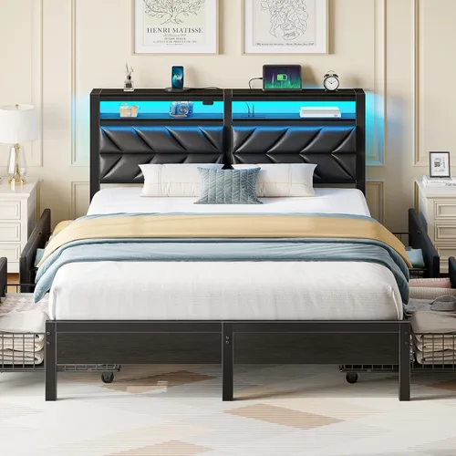 Miniatura 19 de Seventable Base de cama tamaño Queen con estación de carga, cama LED con cabecera de almacenamiento tapizada, cama de plataforma de metal con Gris