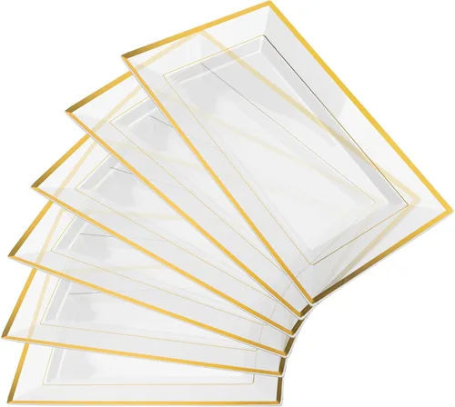 Miniatura 10 de Elegante juego de bandejas y platos de plástico (6 unidades) - Bandejas y platos desechables con borde blanco y dorado para alimentos - Bodas