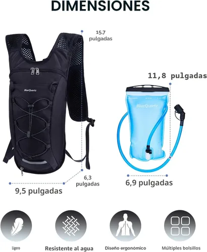 Miniatura 6 de Blue Quartz Mochila de hidratación con bolsa de agua de 2 L, mochila de agua de senderismo para mujeres y hombres, mochila ligera de ciclismo