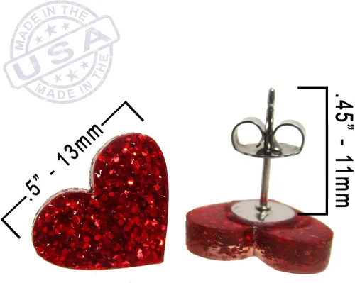 Miniatura 7 de Aretes de corazón con purpurina roja con postes de titanio hipoalergénicos sin níquel