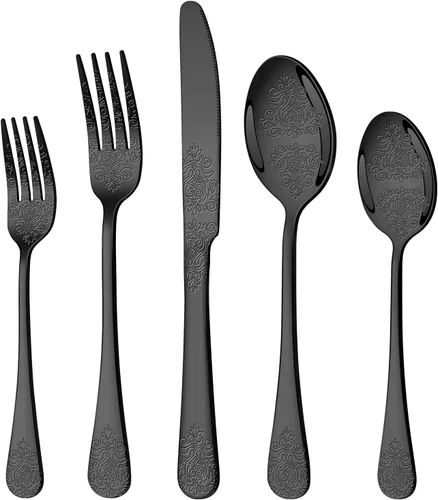 Miniatura 8 de Juego de cubiertos negros de 20 piezas para 4, juego de cubiertos de acero inoxidable de grado alimenticio, incluye tenedor/cuchillo/cuchara, juego