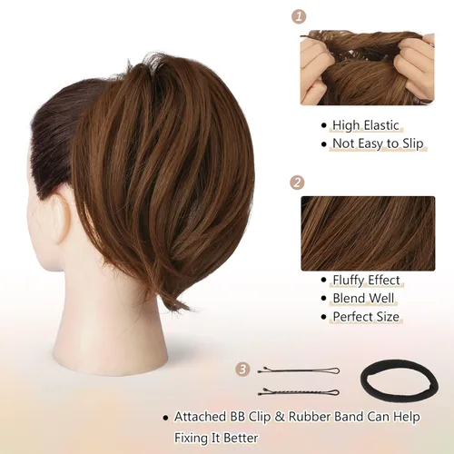 Miniatura 3 de BARSDAR Extensiones de Moño de Cabello Liso - Extensiones de Moño de Coleta de Cabello Liso Corto Totalmente Sintético para Mujeres - Coleteros