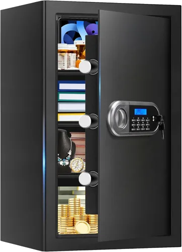 Miniatura 12 de Caja fuerte pequeña para uso doméstico, caja de seguridad digital con cerradura de combinación, estante extraíble y llaves de repuesto, caja fuerte