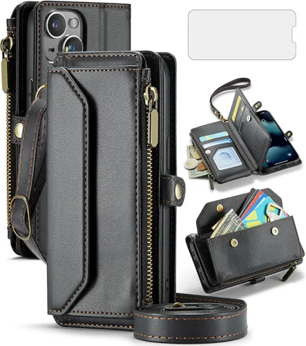 Asuwish Funda de teléfono para iPhone 13 Mini de 5.4 pulgadas con cremallera tipo cartera con protector de pantalla y tarjetero con bloqueo RFID,
