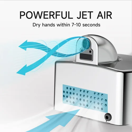 Miniatura 6 de JETWELL Elegante secador de manos comercial compacto, viento cálido automático de alta velocidad, cubierta de acero inoxidable con cableado