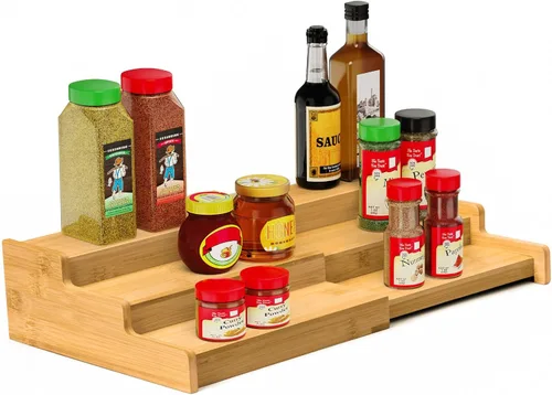 Miniatura 9 de VenDotbi Estante para especias, organizador de especias de bambú expandible de 3 niveles para gabinetes, cocina, despensa y armario, color negro