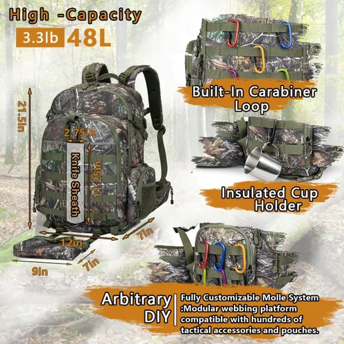 Miniatura 3 de TIANHAOPIU Pro - Mochila táctica de caza de 48 L, compartimento militar para cuchillos de camuflaje Molle, puerto USB listo para acampar al aire