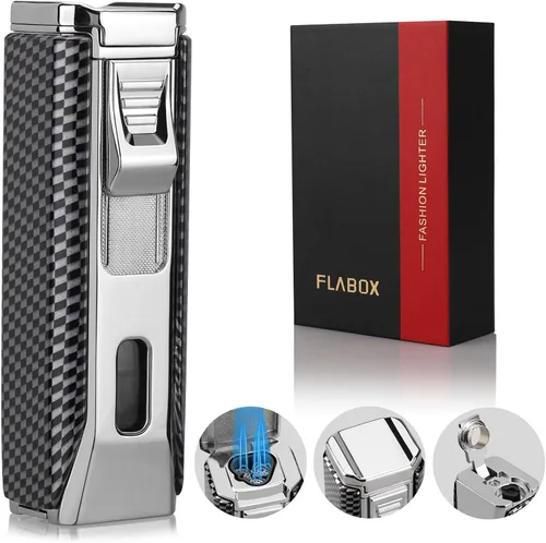 Miniatura 7 de Encendedor de llama triple jet con punzón y soporte, linterna multifuncional resistente al viento, encendedor de butano recargable, caja de regalo