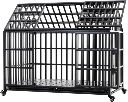 Jaula para perros de alta resistencia, jaula de metal fuerte para perros grandes con 4 ruedas con cerradura (negro, 52 pulgadas)