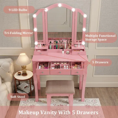 Miniatura 6 de YIXHQ Tocador con luces para niñas, juego de escritorio con cajones, tocador de maquillaje con espejo y luces, tocador de maquillaje rosa