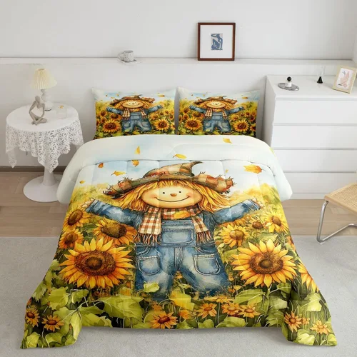 Miniatura 10 de Castle Fairy Juego de edredón de otoño con temática de Acción de Gracias, tamaño individual, juego de ropa de cama de calabaza, girasol, pavo