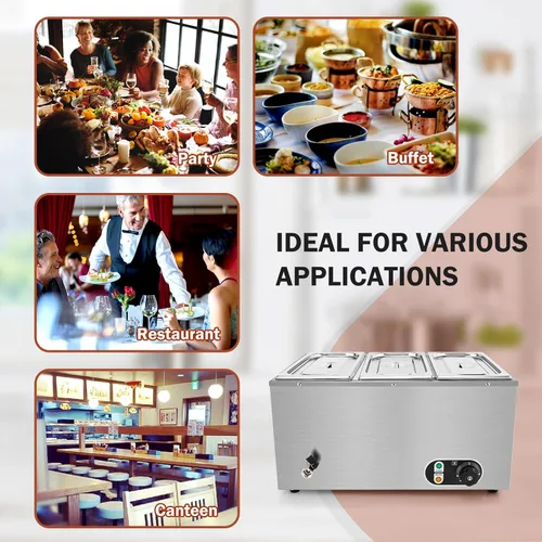 Miniatura 2 de Calentador de alimentos comercial de 3 sartenes, calentador eléctrico de alimentos de acero inoxidable de 1500 W, sartén de mesa de vapor de 6.9