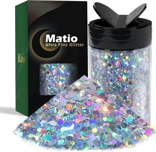 Miniatura 29 de Matio Purpurina gruesa de 7.8 onzas / 7.76 oz de color blanco luna, polvo de purpurina ultrafina, mezcla de copos de PET gruesos, lentejuelas