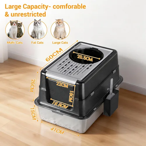 Miniatura 2 de Caja de arena para gatos de acero inoxidable con tapa, caja de arena de metal cubierta cerrada con tapa abatible de 180°, caja para gatos de alta