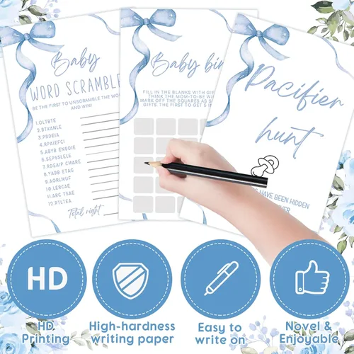 Miniatura 4 de Honoson Juego de 279 piezas de juegos de baby shower con lazo azul para 50 invitados, 8 juegos incluyen Adivina mamá o papá, revuelto de palabras