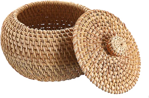Miniatura 9 de Hipiwe Cajas de Cestas Redondas de Ratán con Tapa Tejidas a Mano, Cestas de Almacenamiento de Mimbre, Contenedor, Cesta Decorativa Multiusos