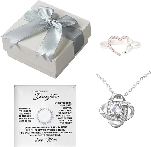 To My Beautiful Daughter - Anillo personalizado de aleación, juego de collar de diamantes para uso diario, con tarjeta de mensaje y caja de regalo