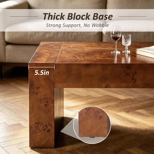 Miniatura 4 de COZAYH Modern Burl Finish Coffee Table, Wood Block Center Table with Thick Legs, Minimalist Rectangular Cocktail Table for Living Room, Dark Brown
