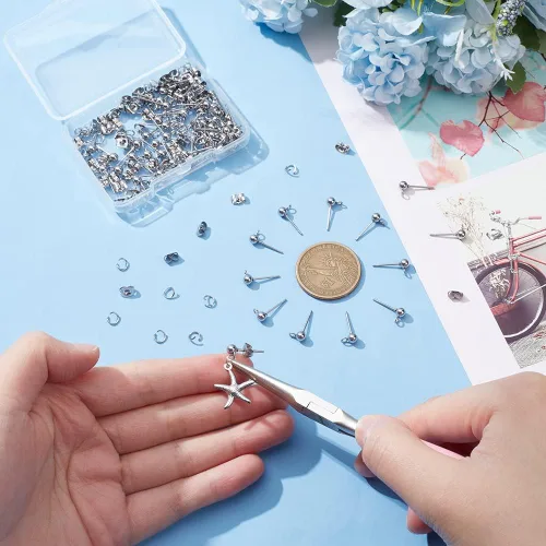 Miniatura 3 de PH PandaHall 300 aretes de bola, de acero inoxidable 304, con parte trasera de aretes de mariposa y anillos abiertos para hacer aretes de joyería