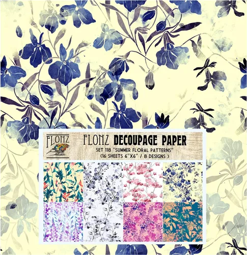 Paquete de papel para decoupage (24 hojas 15x15 cm) Flores de verano Flores silvestres FLONZ Papel con patrón sin costuras estilo vintage para Diez