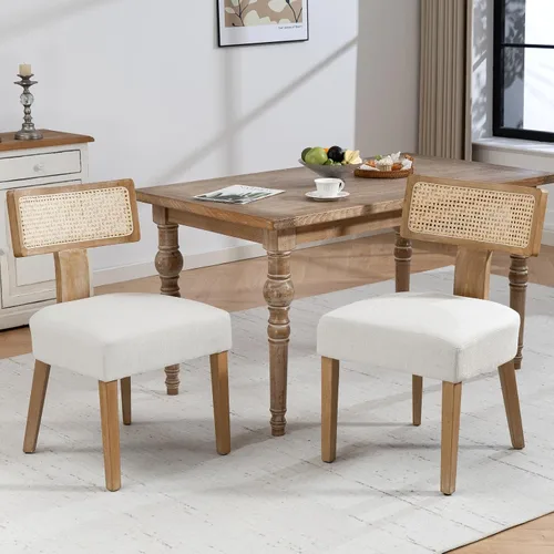 Miniatura 26 de Juego de 4 sillas de comedor, sillas de cocina de tela tapizada en madera, silla acolchada de lino sin brazos con respaldo curvo acentuado